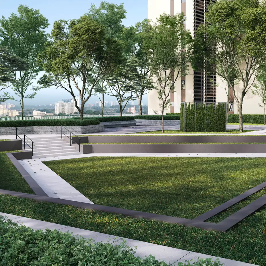 Sunken amphitheatre and lawn on the podium at Adison