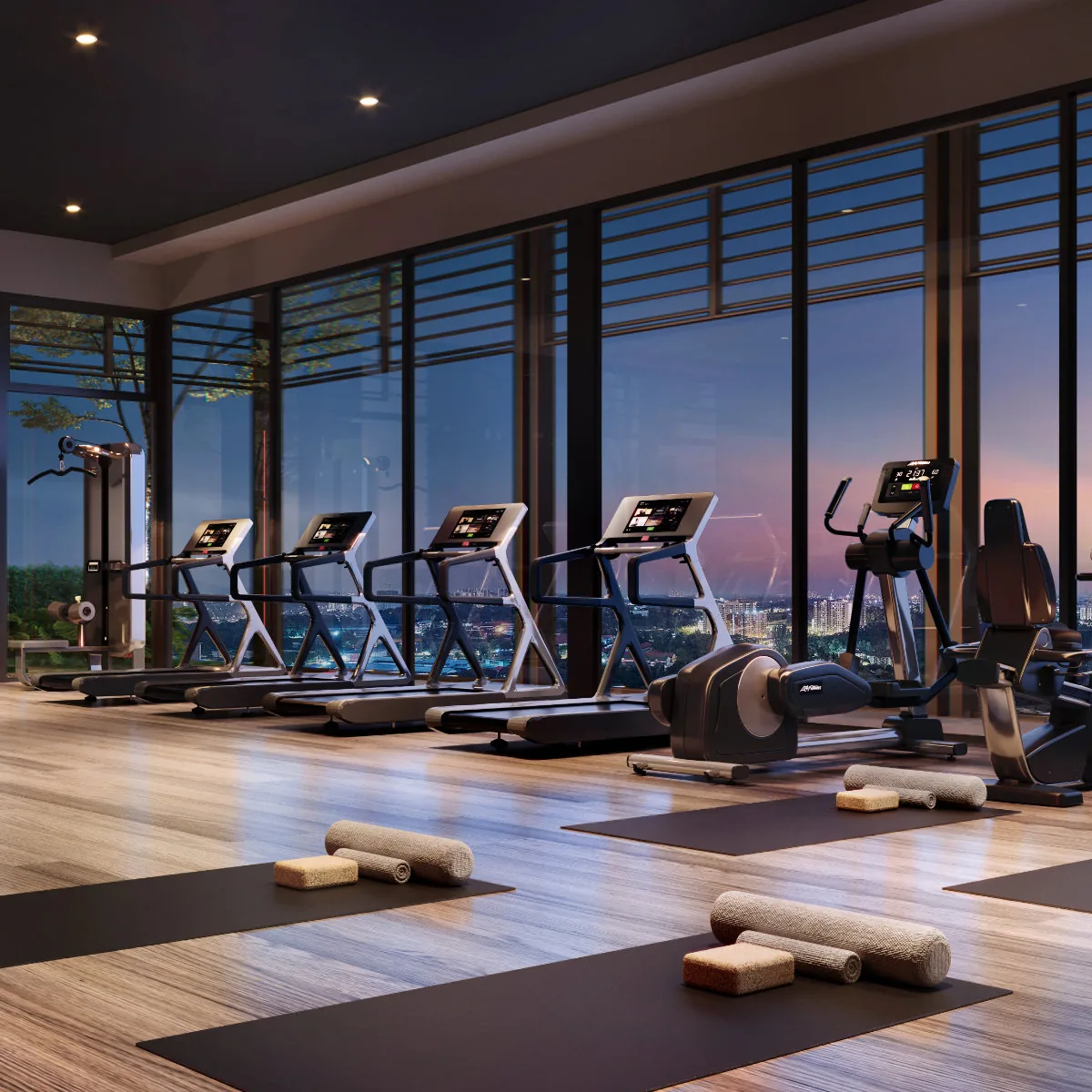 Gym and yoga room with city views at Adison