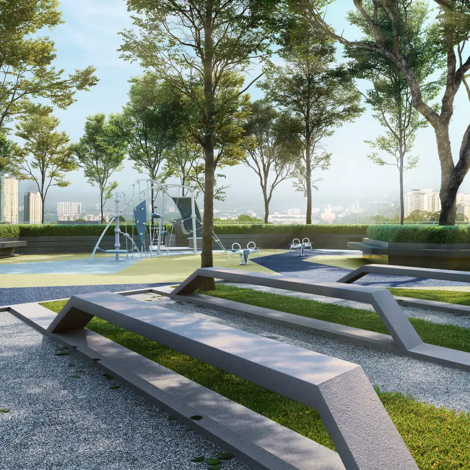 Level 6 facilities podium at Adison with playground and city views